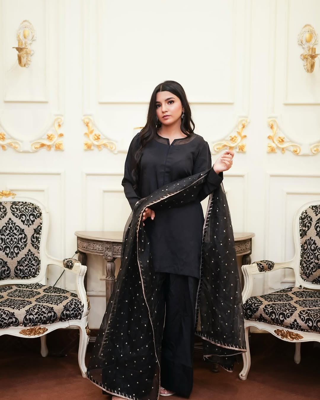 Black Korean Raw Silk Dress - FARSHI Shalwar with Organza DupattaLooking for a luxury black dres